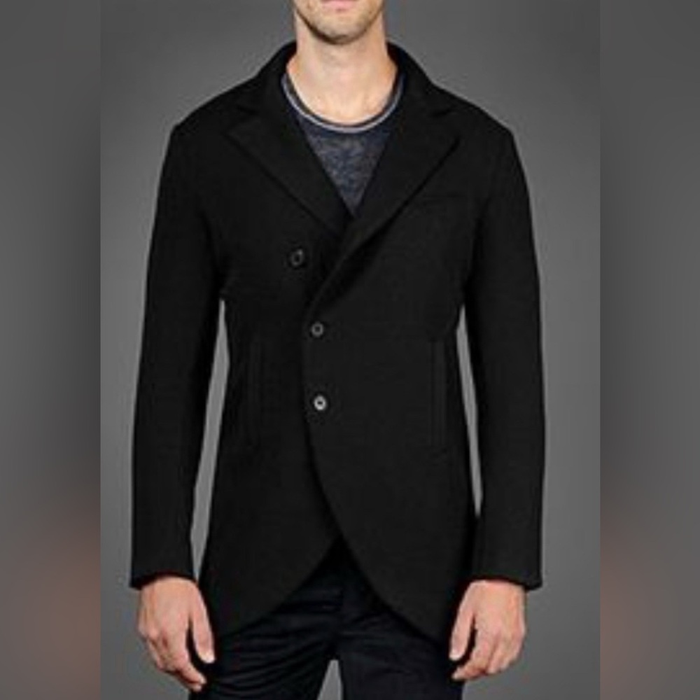John Varvatos Collection Black Leather Collar Peacoat Jacket Size EU 52 USA 42